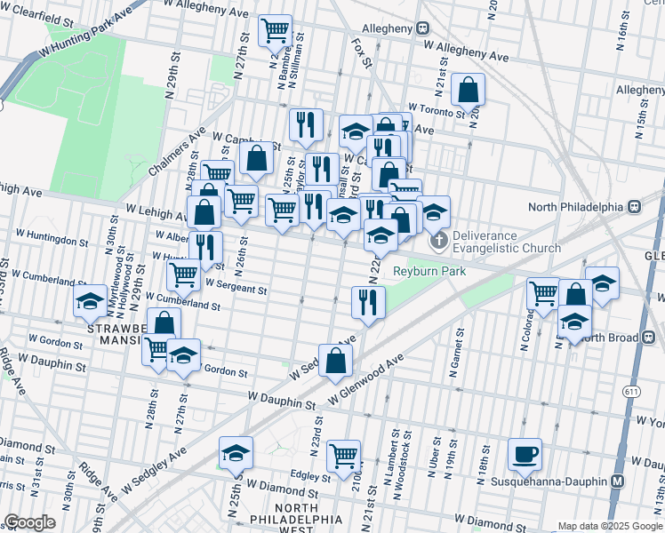 map of restaurants, bars, coffee shops, grocery stores, and more near 2311 West Harold Street in Philadelphia