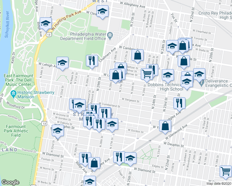 map of restaurants, bars, coffee shops, grocery stores, and more near 2714 West Huntingdon Street in Philadelphia