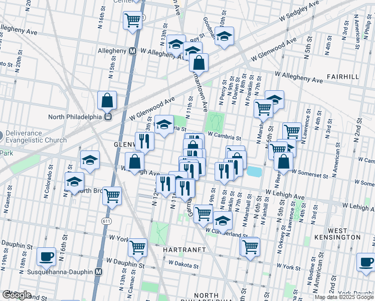 map of restaurants, bars, coffee shops, grocery stores, and more near 1023 West Somerset Street in Philadelphia
