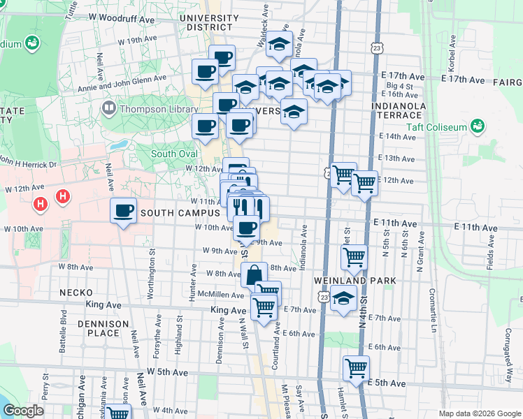 map of restaurants, bars, coffee shops, grocery stores, and more near 47 East 11th Avenue in Columbus