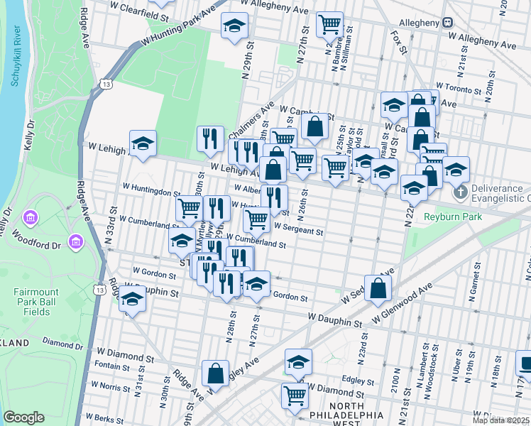 map of restaurants, bars, coffee shops, grocery stores, and more near 2714 West Huntingdon Street in Philadelphia
