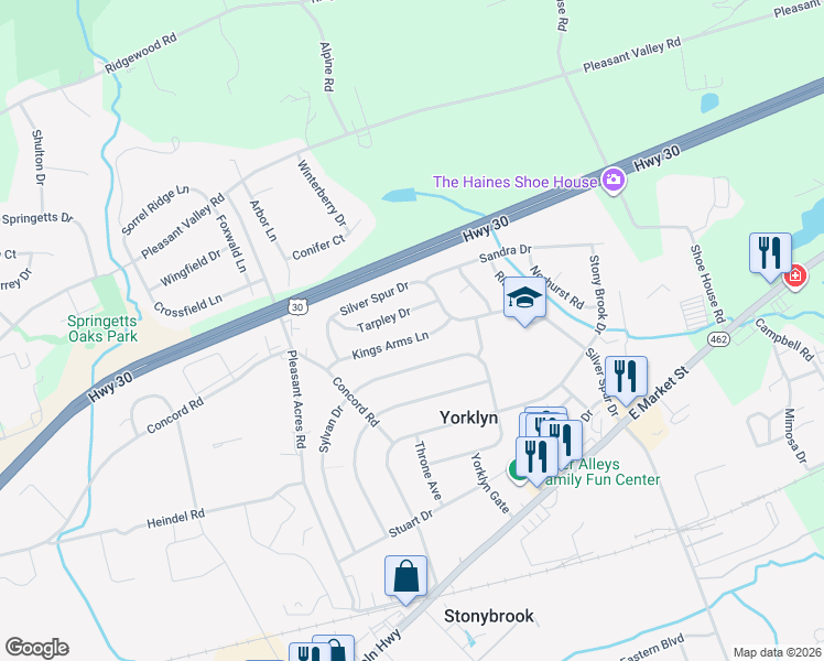 map of restaurants, bars, coffee shops, grocery stores, and more near 3840 Kings Arms Lane in York