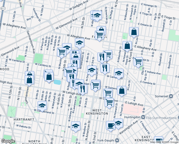 map of restaurants, bars, coffee shops, grocery stores, and more near 309 West Cambria Street in Philadelphia