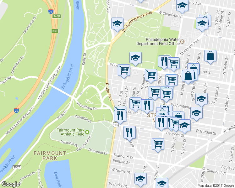 map of restaurants, bars, coffee shops, grocery stores, and more near 2503 North Spangler Street in Philadelphia
