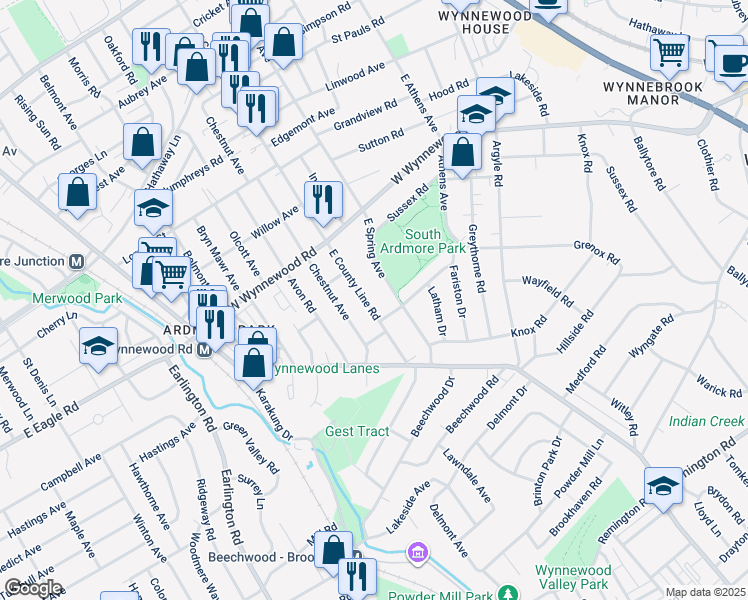 map of restaurants, bars, coffee shops, grocery stores, and more near 2209 East County Line Road in Ardmore