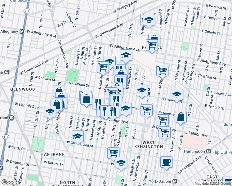 map of restaurants, bars, coffee shops, grocery stores, and more near 2859 North Reese Street in Philadelphia
