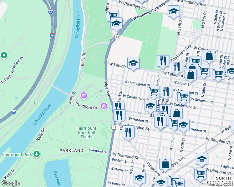 map of restaurants, bars, coffee shops, grocery stores, and more near 2503 North Spangler Street in Philadelphia