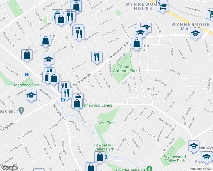 map of restaurants, bars, coffee shops, grocery stores, and more near 2138 East County Line Road in Ardmore