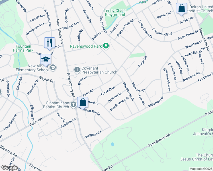map of restaurants, bars, coffee shops, grocery stores, and more near 704 Parry Road in Cinnaminson