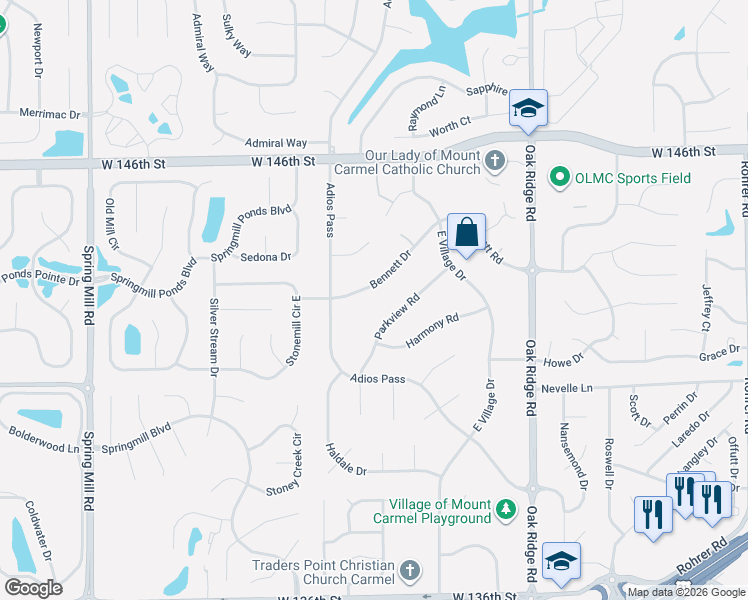 map of restaurants, bars, coffee shops, grocery stores, and more near 107 Bennett Road in Carmel