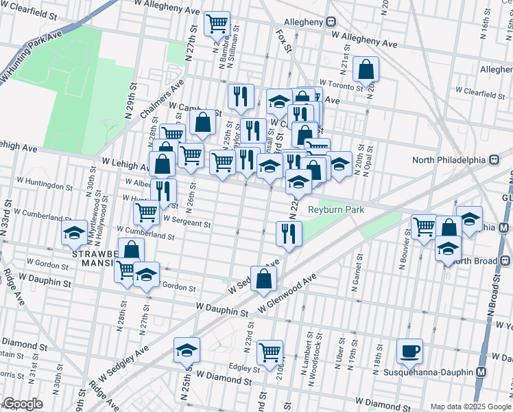 map of restaurants, bars, coffee shops, grocery stores, and more near 2606 North 23rd Street in Philadelphia