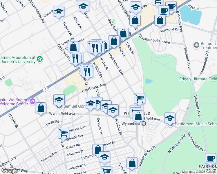 map of restaurants, bars, coffee shops, grocery stores, and more near 2343 North 52nd Street in Philadelphia