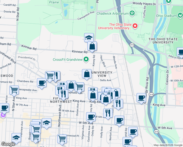 map of restaurants, bars, coffee shops, grocery stores, and more near 1751 Kenny Road in Columbus