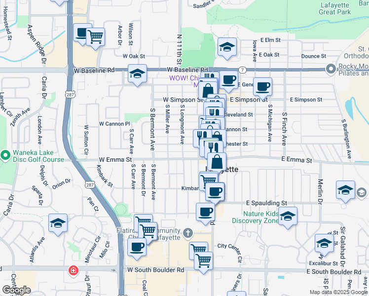 map of restaurants, bars, coffee shops, grocery stores, and more near 211 West Emma Street in Lafayette