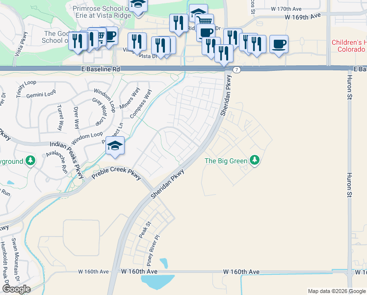 map of restaurants, bars, coffee shops, grocery stores, and more near 16556 Shoshone Street in Broomfield