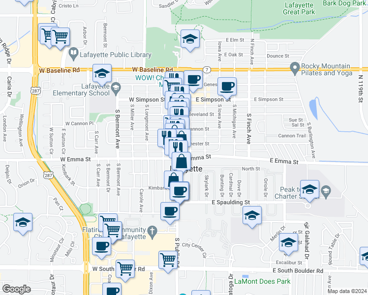 map of restaurants, bars, coffee shops, grocery stores, and more near 406 South Public Road in Lafayette