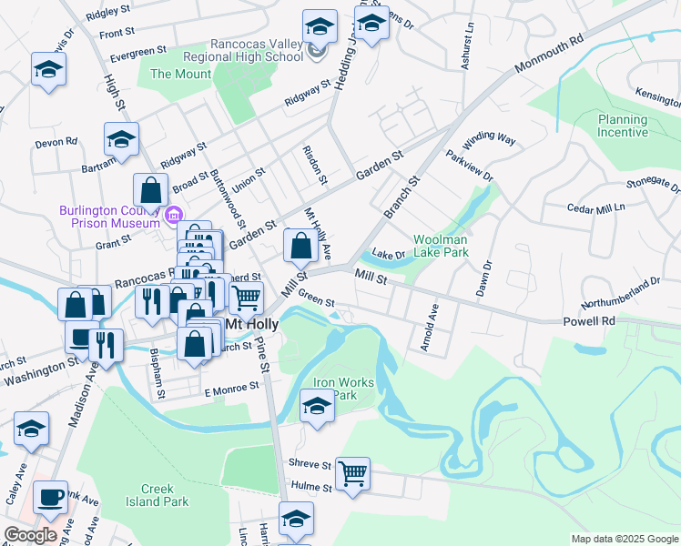map of restaurants, bars, coffee shops, grocery stores, and more near 170 Mill Street in Mount Holly