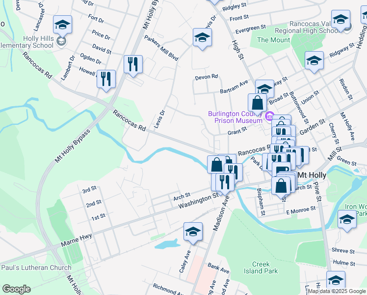 map of restaurants, bars, coffee shops, grocery stores, and more near 212-1/2 Rancocas Road in Mount Holly
