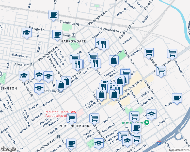 map of restaurants, bars, coffee shops, grocery stores, and more near 3401 Collins Street in Philadelphia