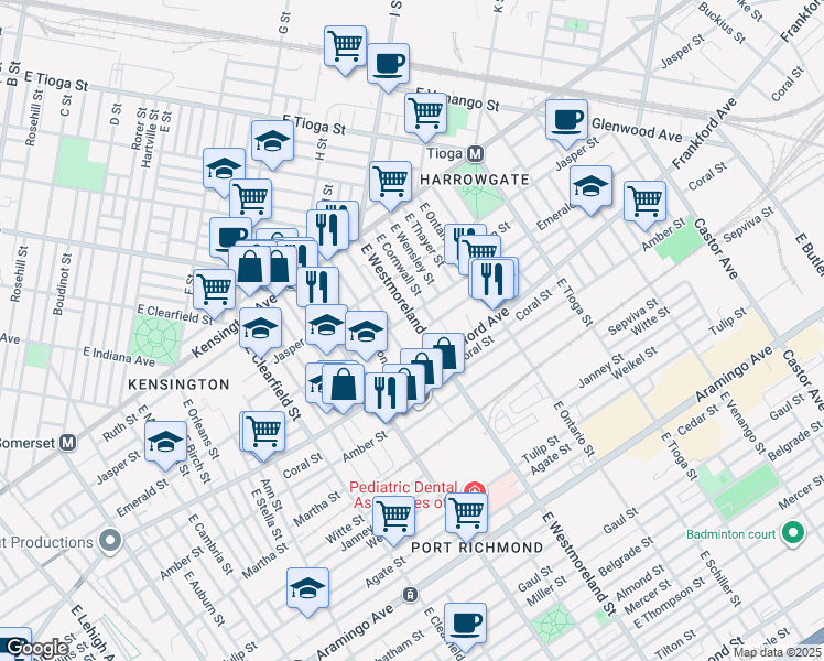 map of restaurants, bars, coffee shops, grocery stores, and more near 2024 East Willard Street in Philadelphia