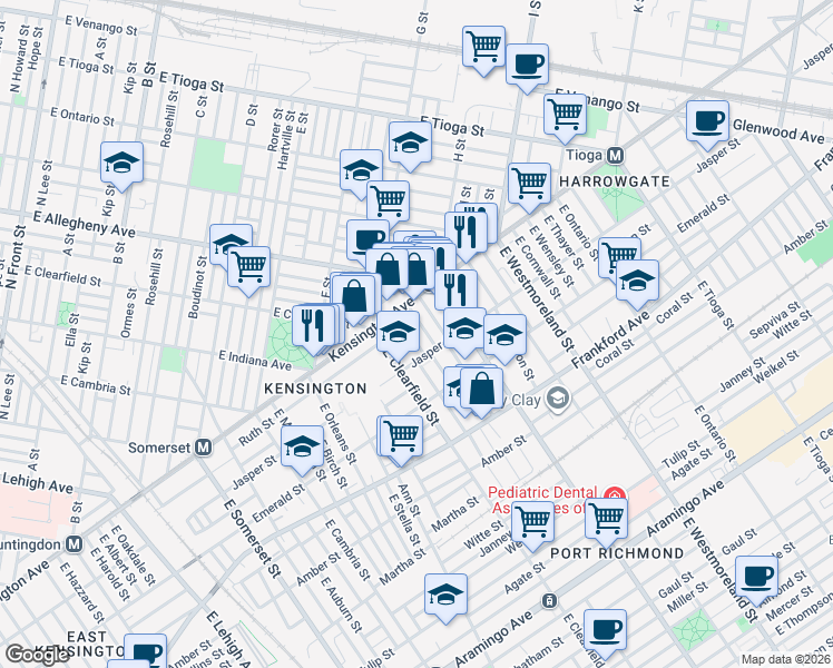map of restaurants, bars, coffee shops, grocery stores, and more near 1860 East Clementine Street in Philadelphia
