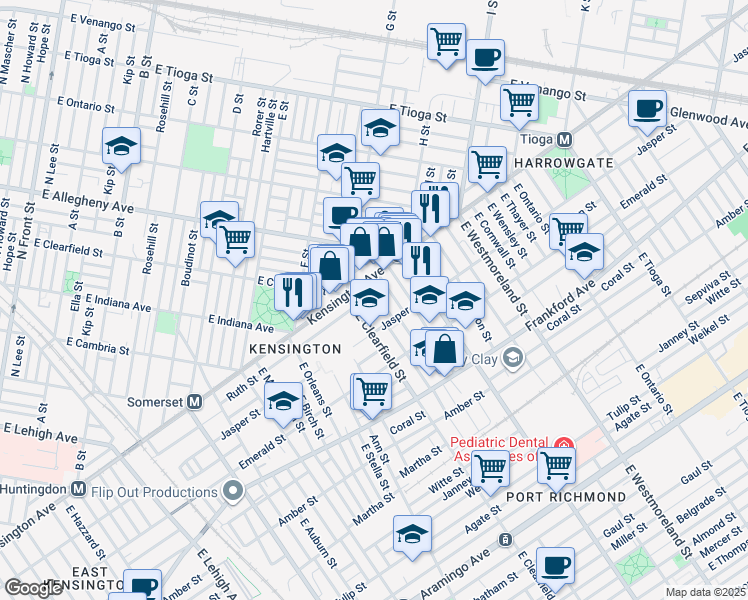 map of restaurants, bars, coffee shops, grocery stores, and more near 1860 East Clementine Street in Philadelphia