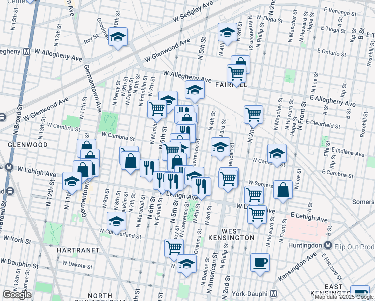 map of restaurants, bars, coffee shops, grocery stores, and more near 2901 North 5th Street in Philadelphia