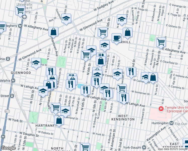 map of restaurants, bars, coffee shops, grocery stores, and more near 2825 1/2 North Fairhill Street in Philadelphia