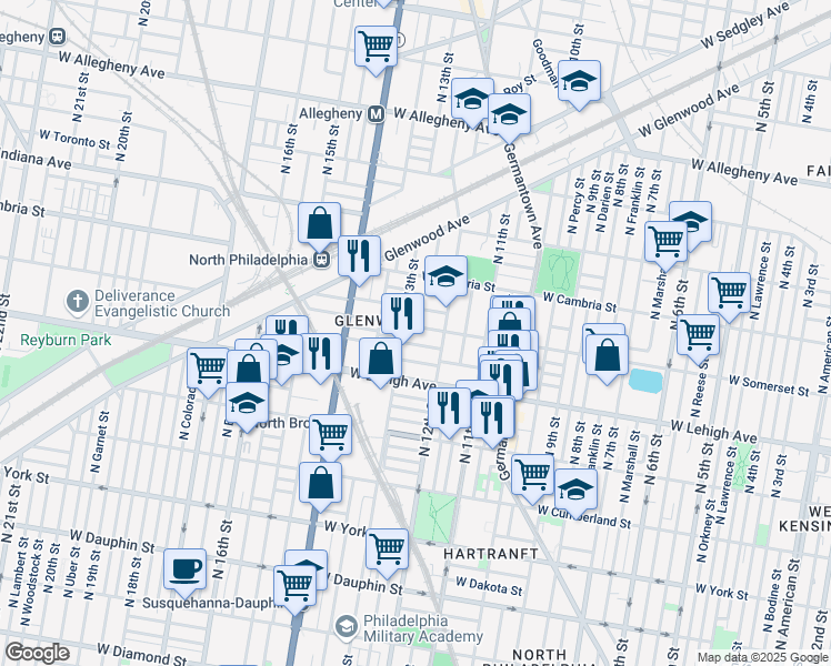 map of restaurants, bars, coffee shops, grocery stores, and more near 2731 North 13th Street in Philadelphia