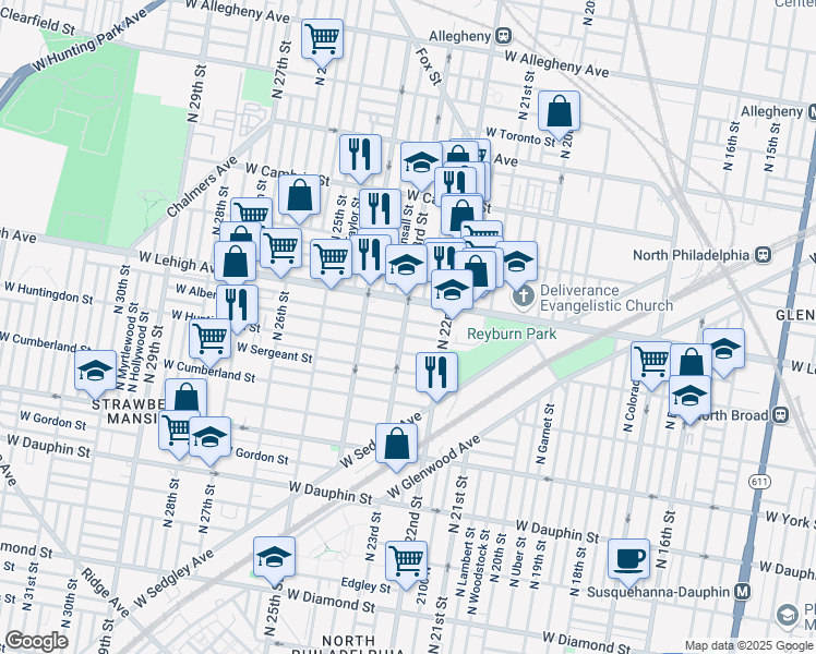 map of restaurants, bars, coffee shops, grocery stores, and more near 2606 North 23rd Street in Philadelphia