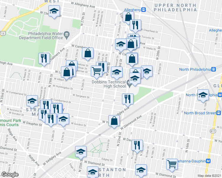 map of restaurants, bars, coffee shops, grocery stores, and more near 2606 North 23rd Street in Philadelphia