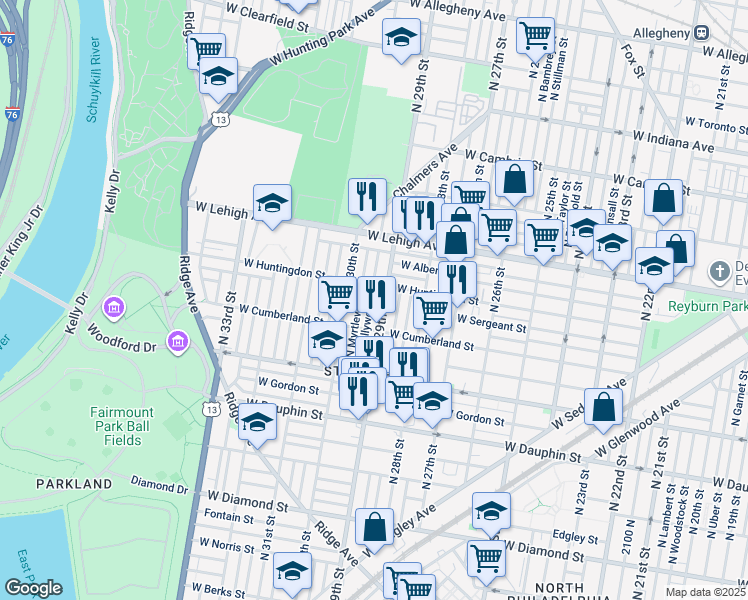 map of restaurants, bars, coffee shops, grocery stores, and more near 2547 North Hollywood Street in Philadelphia