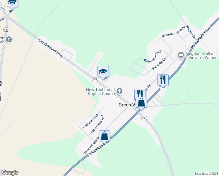 map of restaurants, bars, coffee shops, grocery stores, and more near 5500 Cumberland Highway in Chambersburg