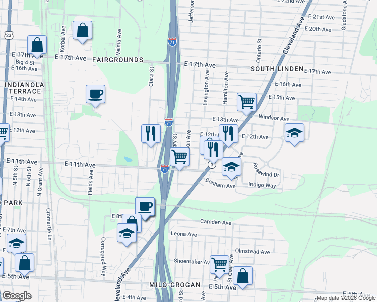 map of restaurants, bars, coffee shops, grocery stores, and more near 1443 Jefferson Avenue in Columbus