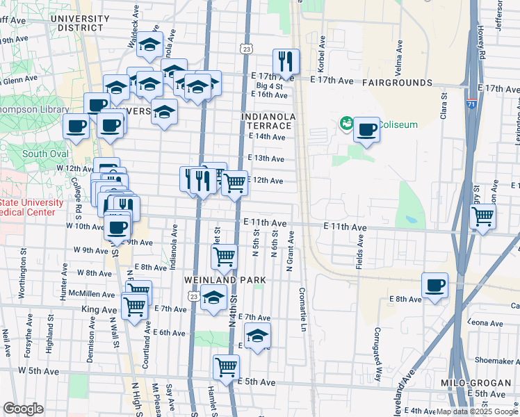 map of restaurants, bars, coffee shops, grocery stores, and more near 330 East 11th Avenue in Columbus