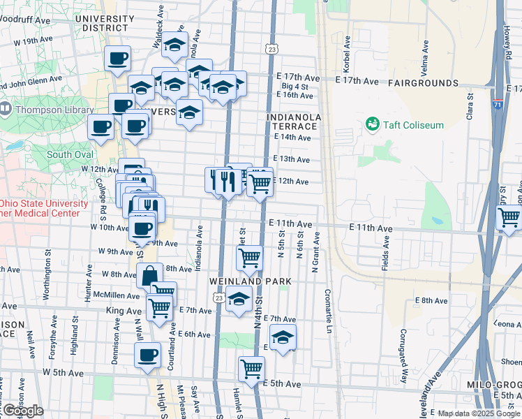 map of restaurants, bars, coffee shops, grocery stores, and more near 268 East 11th Avenue in Columbus
