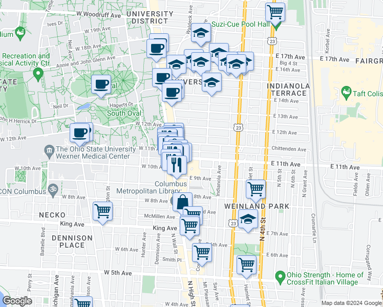 map of restaurants, bars, coffee shops, grocery stores, and more near 47 East 11th Avenue in Columbus