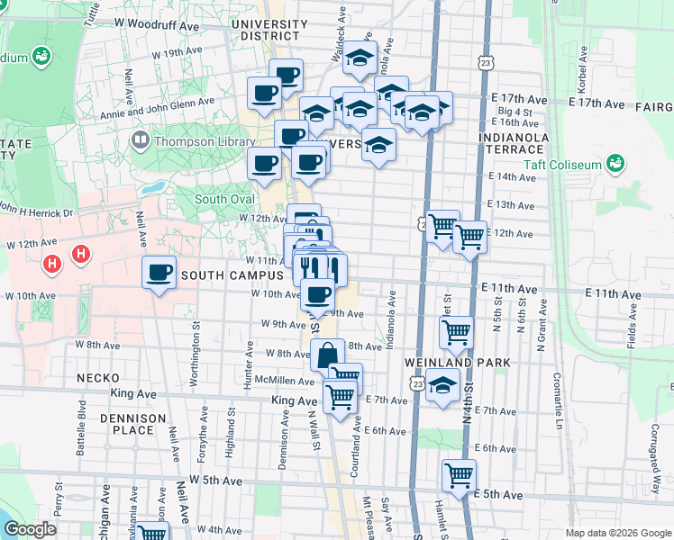 map of restaurants, bars, coffee shops, grocery stores, and more near 47 East 11th Avenue in Columbus