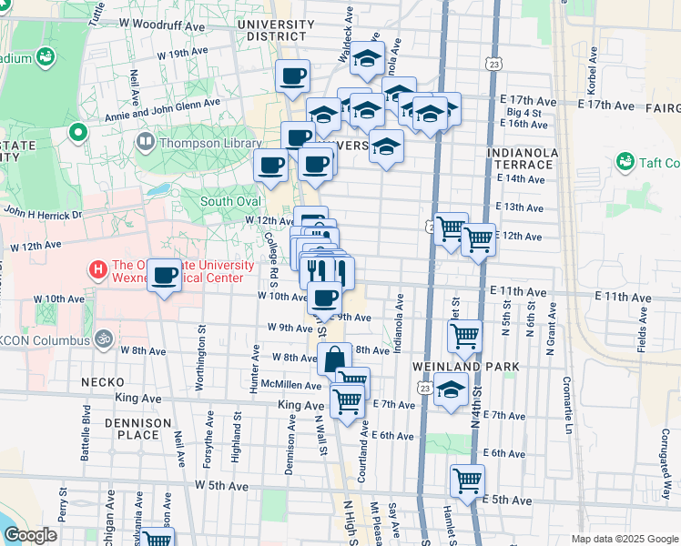 map of restaurants, bars, coffee shops, grocery stores, and more near 47 East 11th Avenue in Columbus