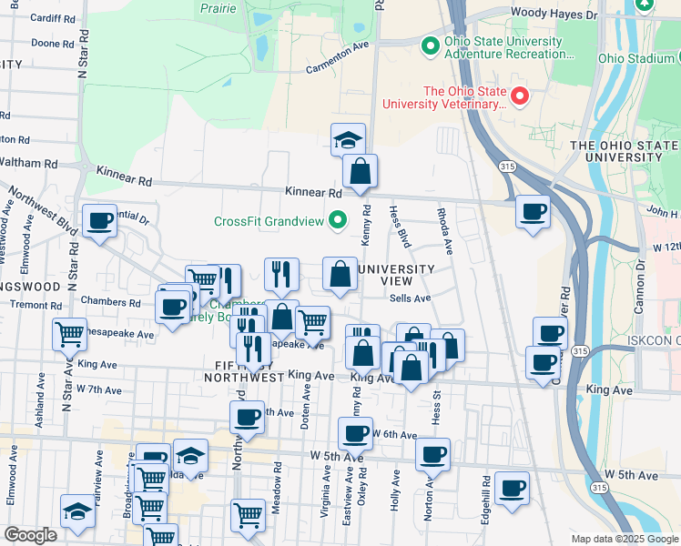 map of restaurants, bars, coffee shops, grocery stores, and more near 1731 Kenny Road in Columbus