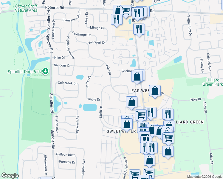 map of restaurants, bars, coffee shops, grocery stores, and more near 5656 Scotty Court in Hilliard