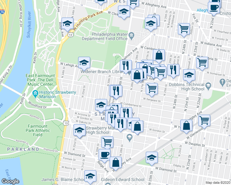 map of restaurants, bars, coffee shops, grocery stores, and more near 2547 North Hollywood Street in Philadelphia