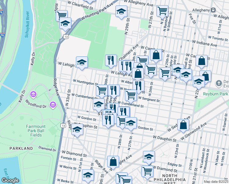 map of restaurants, bars, coffee shops, grocery stores, and more near 2544 North 29th Street in Philadelphia