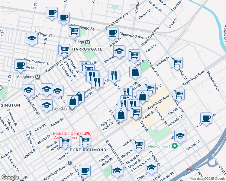map of restaurants, bars, coffee shops, grocery stores, and more near 3475 Collins Street in Philadelphia