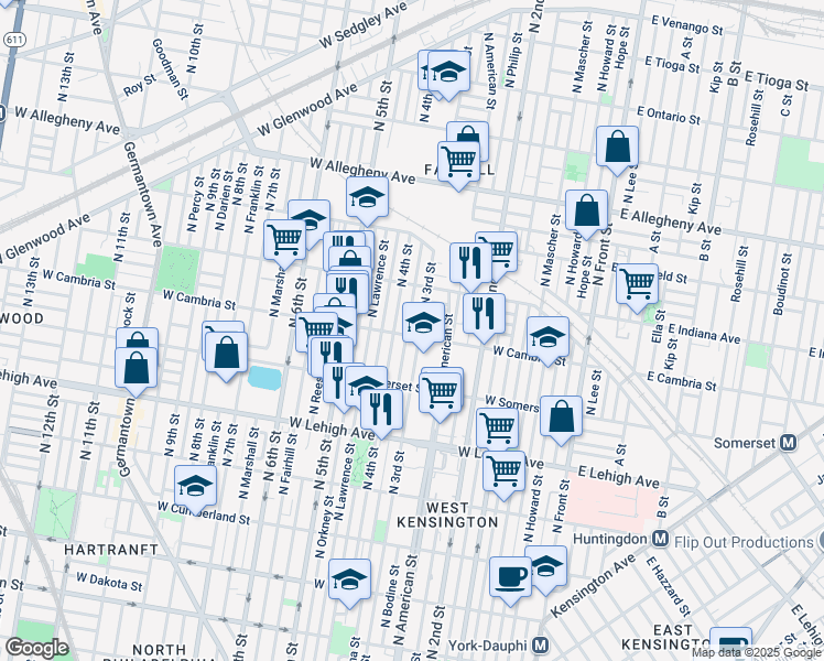 map of restaurants, bars, coffee shops, grocery stores, and more near 309 West Cambria Street in Philadelphia
