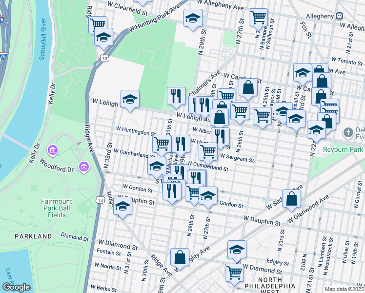 map of restaurants, bars, coffee shops, grocery stores, and more near 2544 North 29th Street in Philadelphia