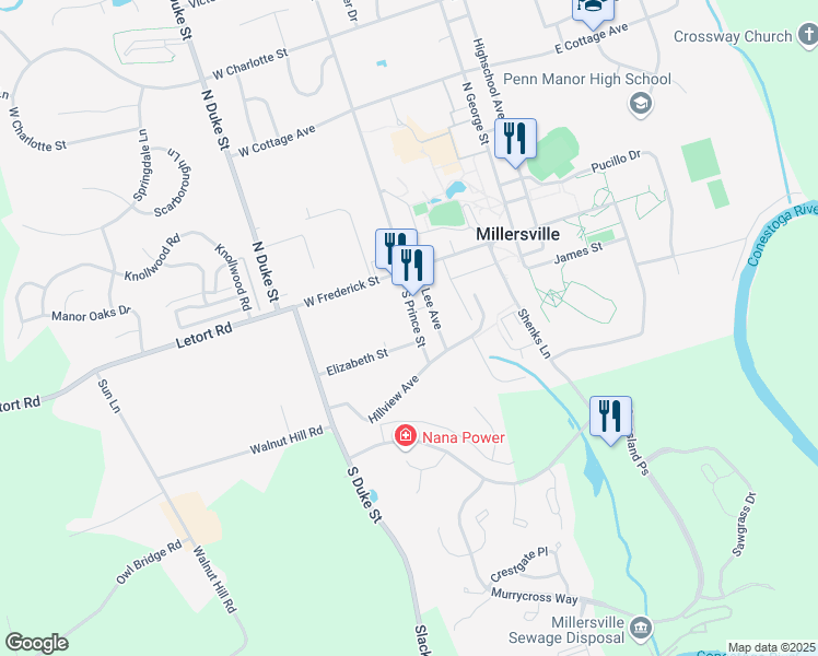 map of restaurants, bars, coffee shops, grocery stores, and more near 44 South Prince Street in Millersville