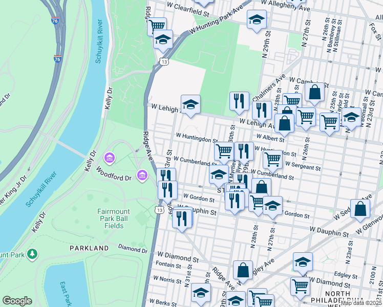 map of restaurants, bars, coffee shops, grocery stores, and more near 2519 North 32nd Street in Philadelphia