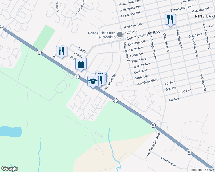 map of restaurants, bars, coffee shops, grocery stores, and more near 104-114 London Court in Toms River