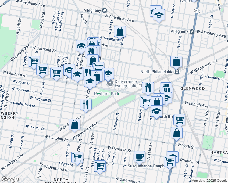 map of restaurants, bars, coffee shops, grocery stores, and more near 2000 West Lehigh Avenue in Philadelphia
